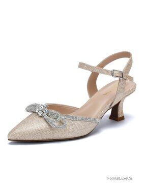 Wide Width Kitten Heels Pumps Rhinestone Bow Pointed Closed Toe Ankle Strap